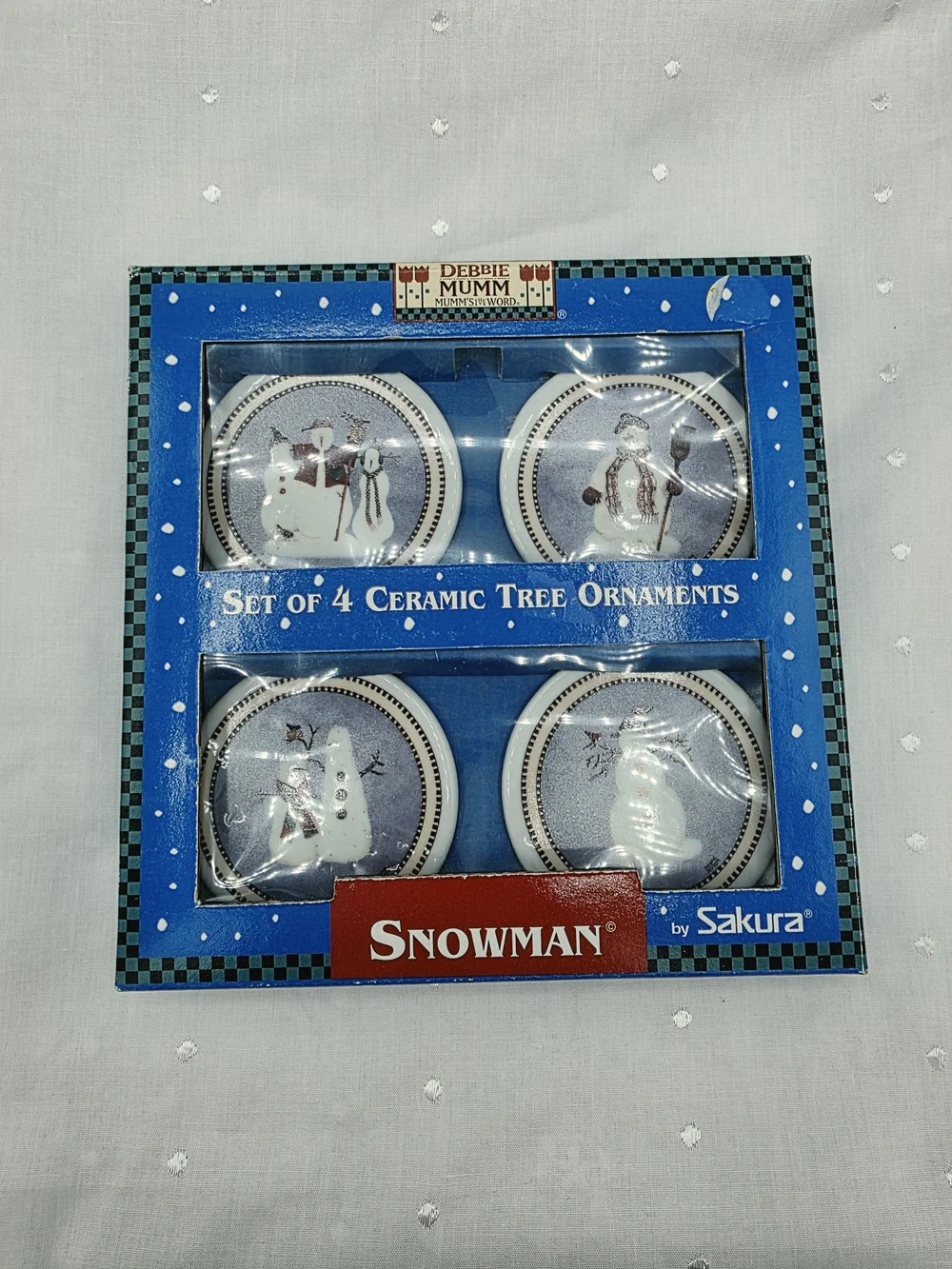 1998 Vintage Set of 4 Debbie Mumm Snowman Ceramic Christmas Tree Ornaments